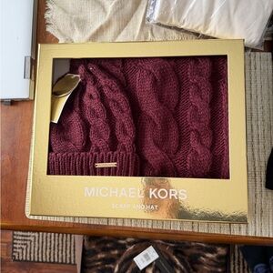 Michael Kors Deep Red Cable Knit Scarf and Hat Set